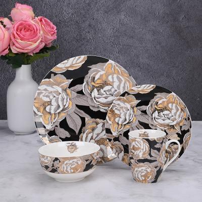 China Sustainable Luxury Porcelain Dinnerware Custom Rose Gold in Black Wall New Bone China Dinnerware Set for sale