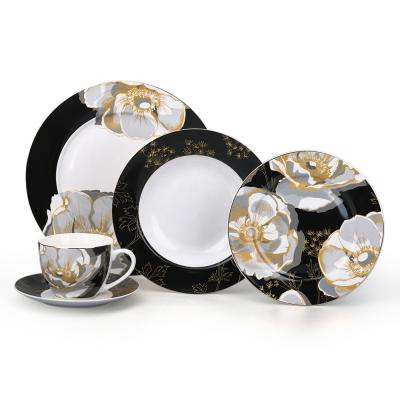 China 2020 New Design Black Flowers Gold Decal Dinnerware Set Sustainable Ceramic Dish And Cup Sets for sale