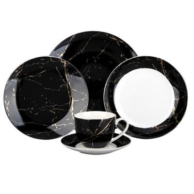 China Hot Selling Sustainable Housewares 20piece New Black Marble Bone China Dinnerware Sets For Dinner for sale