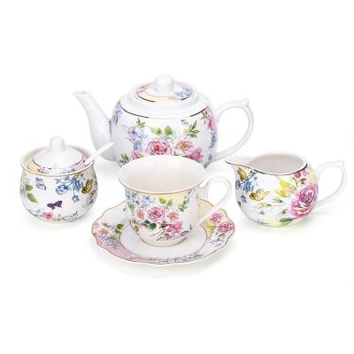 China Viable Vintage New European Floral Tea Set Bone China Ceramic Coffee Tea Sets With Sugar Pot Creamer for sale