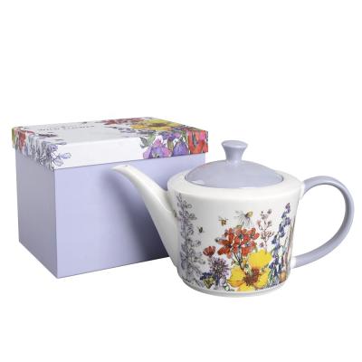 China Sustainable Wildflower Teapot Porcelain Europe Ceramic Tea Coffee Pot With Gift Box for sale