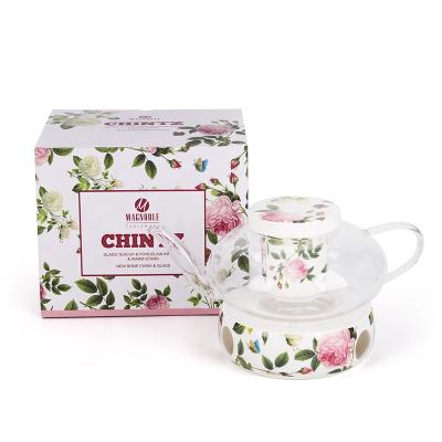 China Sustainable Glass Teapot With Floral Infuser Teapot And Gift Warmer Sets for sale