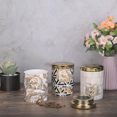 China Large Steamable Flower Decal Porcelain Gold Canister Jars New Bone China Ceramic Food Canister Set for sale