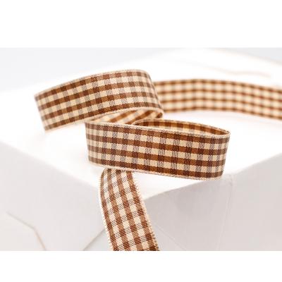 China Elegant Recyled Stock Florist Christmas Celebrate Ribbon Wrapping Ribbon Brown Plaid Ribbon for sale