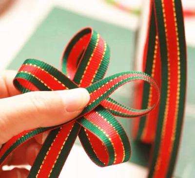 China Christmas Gift Hot Sale Red and Green Color Glitter Stocked Decorative Grosgrain and Red Green Striped Ribbon for sale