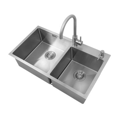 China Without Faucet Stainless Steel Small Double Bowl Kitchen Sink With Handmade Faucet And Sink Basket for sale