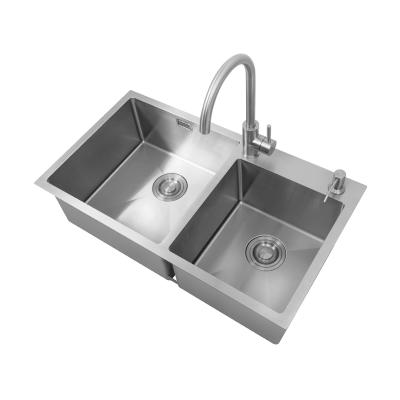 China New Design 304 Stainless Steel High Quality Handmade Kitchen Sink Double Faucet Modern Water Free Basin for sale