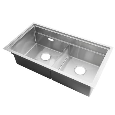 China Without Faucet Approved Square Corner Double Undermount Double Kitchen Sink Handmade Stainless Steel for sale