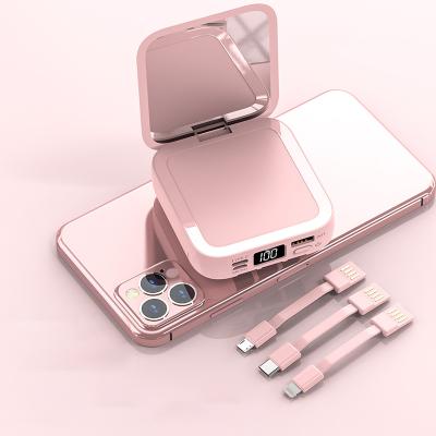 China Super Cute Portable High Capacity LED Mirror Folding Cosmetic Make Up Beauty Mirror 20000mAh Power Bank With Cable for sale