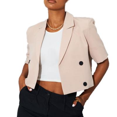 China Wholesale Breathable Milky White Woven Double Breasted Cropped Sleeve Blazer, Women Woven Blazer, Woven Short Blazer for sale