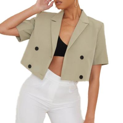 China Wholesale Promotion Breathable Sage Green Woven Double Breasted Cropped Short Sleeve Blazer, Women Blazer, Double Breasted Blazer for sale