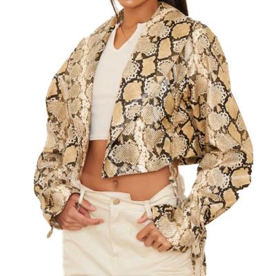 China Wholesale Natural QUICK DRY Snake PU Ruched Tie Side Sleeve Cropped Biker Jacket, Biker Jacket Women, Ladies PU Jacket for sale