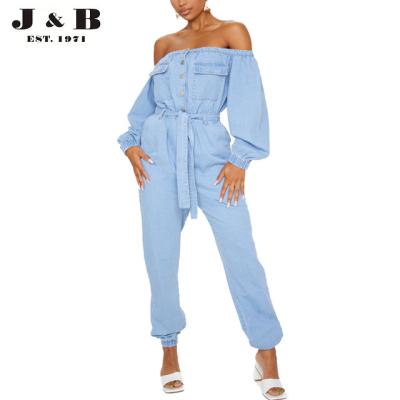 China China Manufacture Breathable High Quality BARDOT WASH LIGHT BLUE BUTTON THROUGH JOGGER JUMPSUIT, women's DENIM playsuit for sale