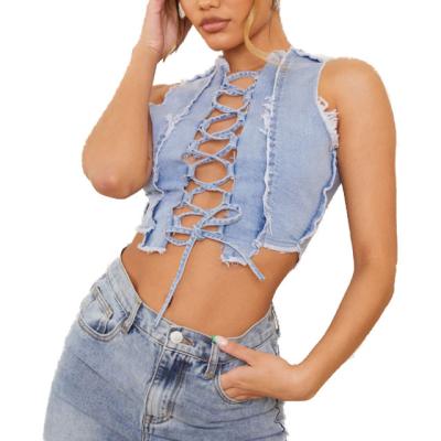 China Breathable promotional cheap price vintage wash contrast lace up denim tops, girls denim tops, girls top denim for sale