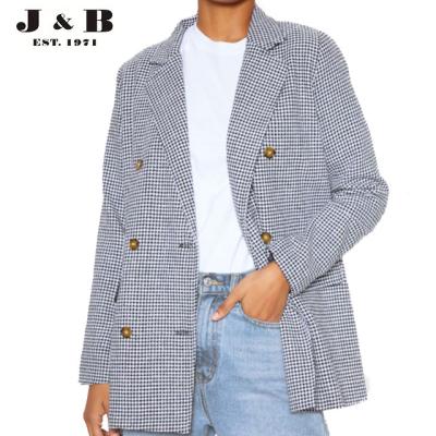 China Young ladies fashion factory price breathable BLACK CHECK PRINT WOVEN OVERSIZE BLAZER, women causal blazer for sale