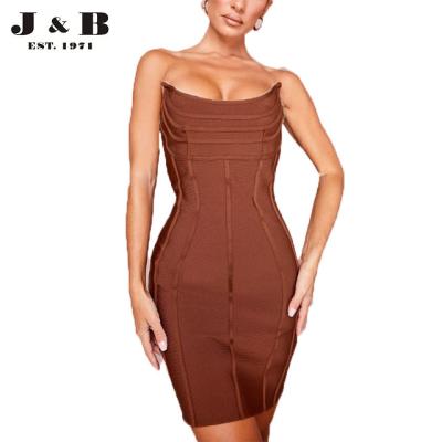 China FACTORY SALE ANTI-STATIC HIGH QUALITY CHOCOLATE BANDAGE ACUTE HEADBAND PANEL BODYCON DRESS, SHORT DRESS for sale