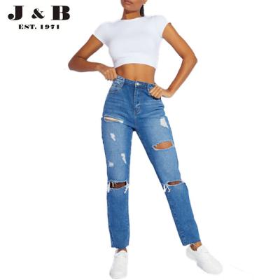 China Promotion Quality Assurance Mid Breathable Blue Wash Ripped High Waist Straight Leg Jeans for sale