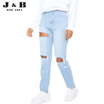 China Breathable Fashionable Design High Quality Light Blue Wash Ripped High Waist Straight Leg Jeans, Women's Straight Pants, High Waist Jeans for sale