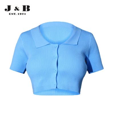 China best Anti-wrinkle for store quality assurance sweater, BABY BLUE RIBBED COLLAR BUTTON UP KNITTED SHORT SLEEVE CARDIGAN for sale