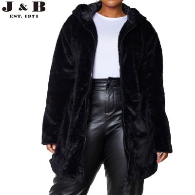 China Hot sales high quality FAUX FUR MIDI BLACK HOODED COAT plus size plus size women coat for sale