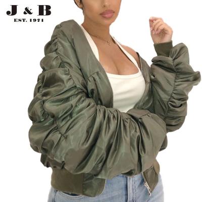 China Popular amazing quality KHAKI RUCHED OVERSIZED BOMBER JACKET windproof, women's BOMBER JACKET, women's jacket for sale