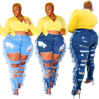 China Viable Women Drops Plus Size Jeans Xl-5xl High Waist Breeches Ripped Tassel Jean Denim Women Pants Women for sale