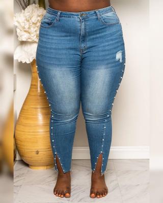 China Wholesale new plus size spring pants and summer fashion lattice women ladies denim ripped plus size pants and jeans for sale