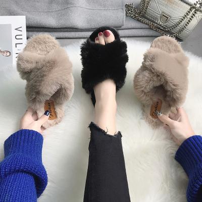 China Furry Female Open Toe Slides Fashion Designer Women Fur Home Slippers Faux Fur Slippers Thermal Warm Cross Soft Plush Ladies for sale