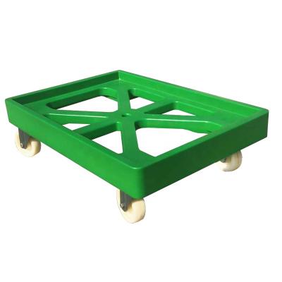 China Heavy Duty Stackable 200KG Roto Dolly Cart Plastic Trolley Warehouse Dolly Frame With 4 Wheels for sale