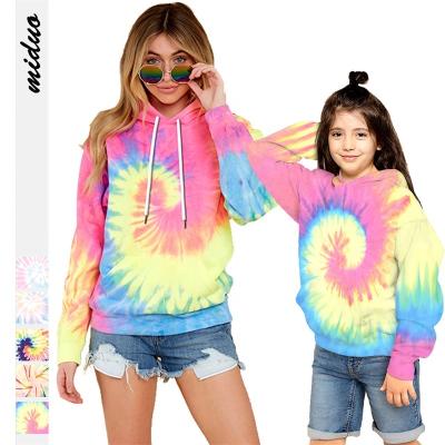 China Compressed 2022 wholesale kids baby mommy and me clothes tie up dyed hooded pullover women long sleeve sweatshirt for sale