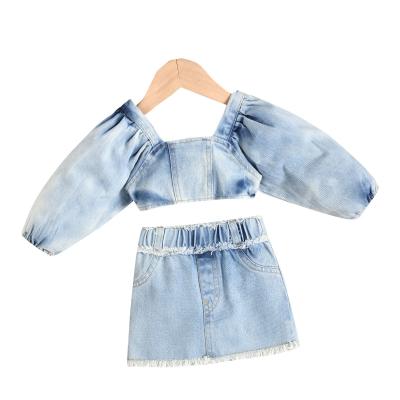 China Two-piece tassel A-line skirt Girls' fashion style Lady's denim jacket long-sleeved Place-neck baby denim skirt suit for sale