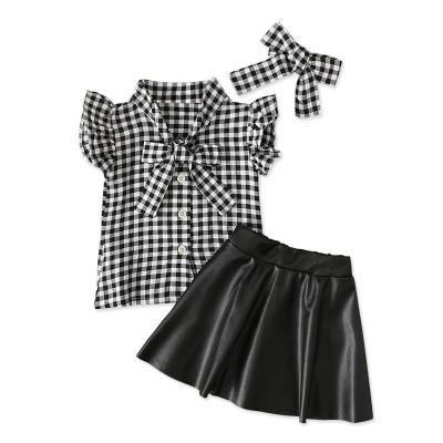 China Girls Summer Float Sleeve Small Plaid Flutter Top + Black Leather Skirt + Bow Tie Children's Three-Piece Wear for sale