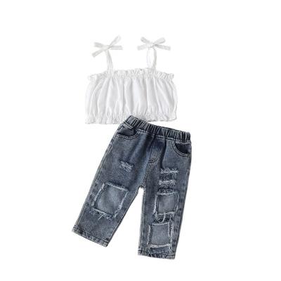 China Girls Clothing Kids Solid Color Lace Up Sling Tube Top Tube Top Blouse With Denim Pants for sale