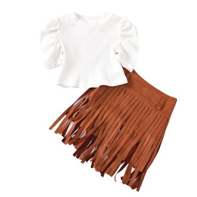 China Lady Style Hot-selling Children's New Product Solid Color Round Neck Short Sleeve Bubble + Clan Style Fringed Skirt Suit for sale