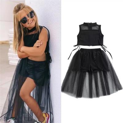 China Custom Comfotable Kids Girl Crop Tops Mesh Skirt Trousers Suit Children Zipper Dress Summer Clothes Set 2022 for sale