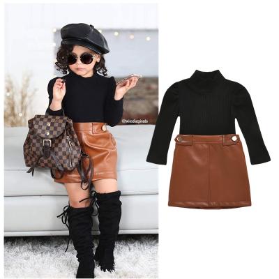 China 2022 Sweet Custom Kids Girl Ribbed Knitted Fabric Shirt PU Leather Skirt Sets Kids Baby Clothes Outfits for sale