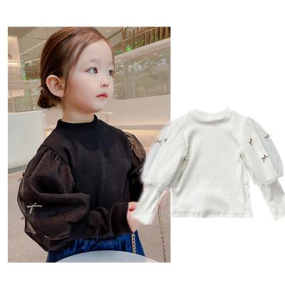 China 2021 Autumn Princess Gauze Puff Sleeve T-shirt Cotton Anti-Shrink Bow Baby Clothes Slim Infant Kids Tops for sale