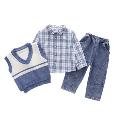 China 2022 fashion anti-shrink kids clothes suit plaid shirt knitted vest jeans pants kids boy 3 price set for sale