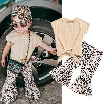 China Comfortable 1-6 Years Babies Clothes Summer Spring Set Sleeveless Solid Color Full Length Leopard Print Rocket Pants Suit Kids Outfits for sale