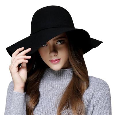 China High Quality Wide Brim Wool Dome Panama Hat Panama Plush Hat Sale Women's Black Fedora Soft Fedora Wide Warm Hat for sale