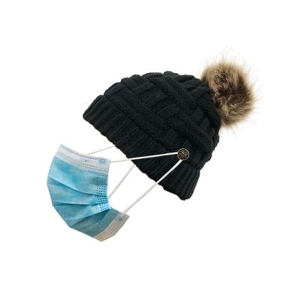 China JOINT Fashionable Women Warm Chunky Soft Knit Slouchy Messy Bun Fur Pom Pom Beanie Hat Ponytail for sale