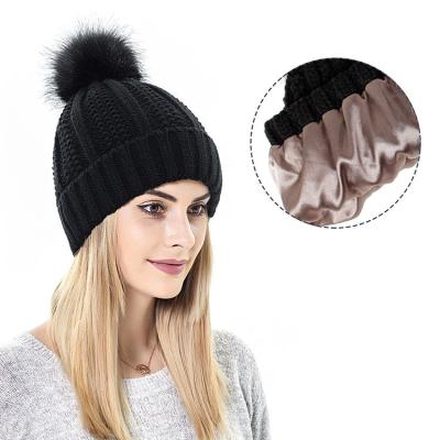 China Women Winter COMMON Beanie Hat Pompom With Warm Fleece Striped Thick Slouchy Snow Knit Skull Ski Hat for sale