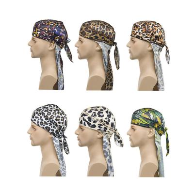 China Men's and women's Chinese style hip-hop silk turban emulation long tail cowls border leopard wearing silky durag for sale