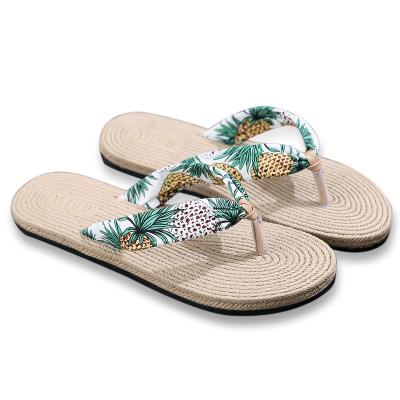 China Floral Ladies Travel Flip Flops Faux Hemp Rope Sandals Fashion Trend Summer Beach Flat Slippers for sale