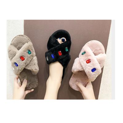 China Flufy Blurred Plush Faux Stone Sandals Open Toe Cross Band Warm Slippers Cozy Anti-odor Winter Bedroom Indoor Fur Slippers For Women for sale