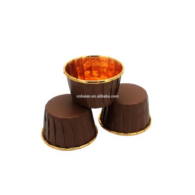 China Disposable Custom Printed Brown Gold Rolled Rim Paper Cupcake Foil Liner for sale