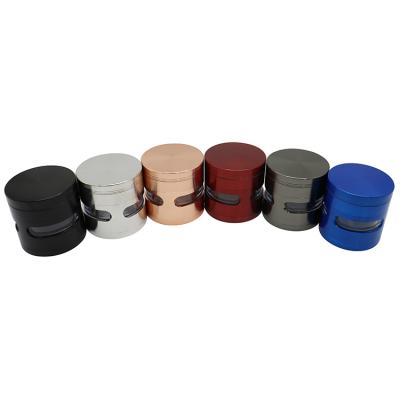 China Weed Grinding Tobacco Herb Wholesale 4 Parts 63mm OEM Zinc Alloy LOGO Side Window Weed Grinder for sale