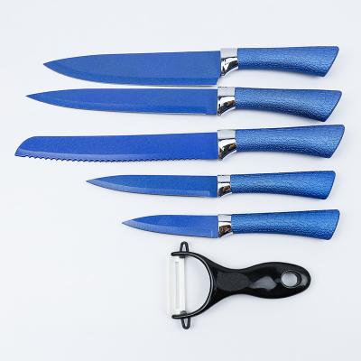 China Viable Professional Dazzle Pattern Stainless Steel Blue Horseshoe Kitchen Knives Set With Sharpener for sale