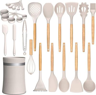 China Sustainable Heat Resistant Kitchen Instrument For Cookware 26PCS Silicone Kitchen Utensil Set, Non Stick Cookware Set With Wooden Handle for sale