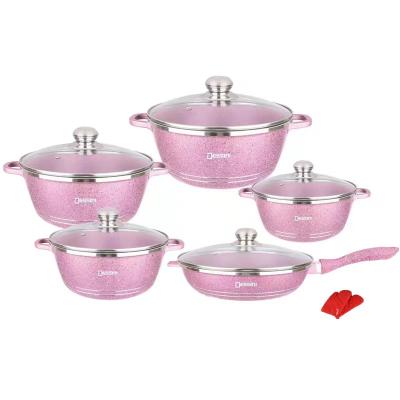 China Family Kitchen 12 Pcs Dessini Die Casting Panela Masterclass Home Kitchen Cooking Pot Nonstick Pink Granite Set Granite Cookware Sets for sale